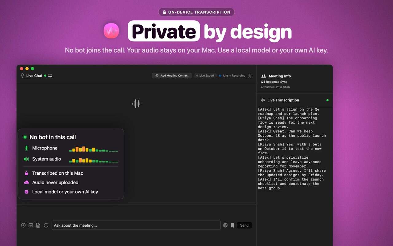 Private by design. The Meeting Mind live chat window during a call, with the live transcription panel on the right. A callout reads: no bot in this call, microphone and system audio meters, transcribed on this Mac, audio never uploaded, local model or your own AI key.