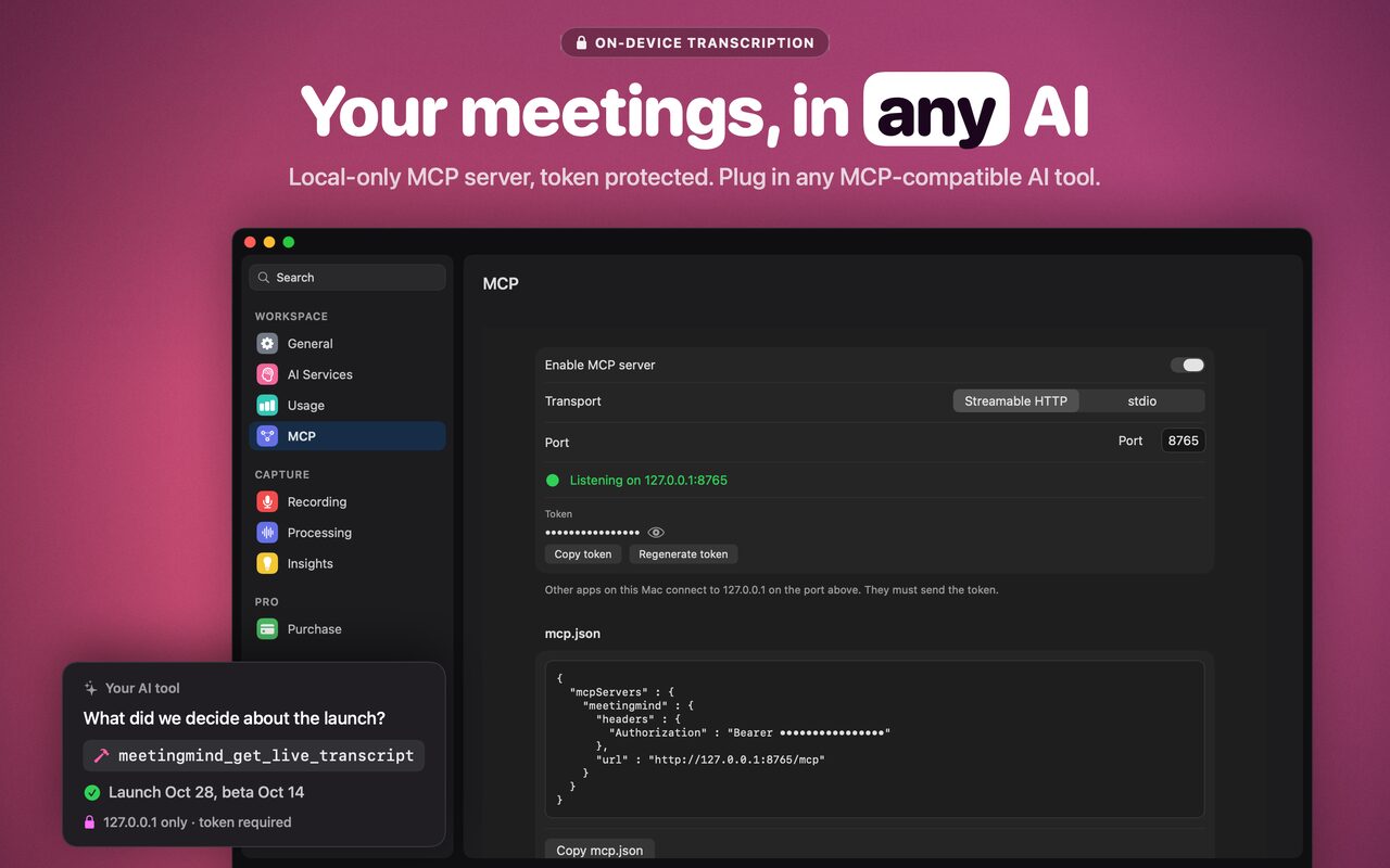 Your meetings, in any AI. The MCP page in Meeting Mind settings with the server enabled, listening on 127.0.0.1, a token and an mcp.json snippet. A callout shows an AI tool calling meetingmind_get_live_transcript, with 127.0.0.1 only and token required.